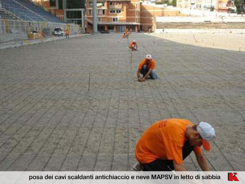 posa dei cavi scaldanti antichiaccio e neve MAPSV in letto di sabbia per riscaldamento del campo da gioco dello stadio di calcio Kasimpasa – Istanbul (Turchia)